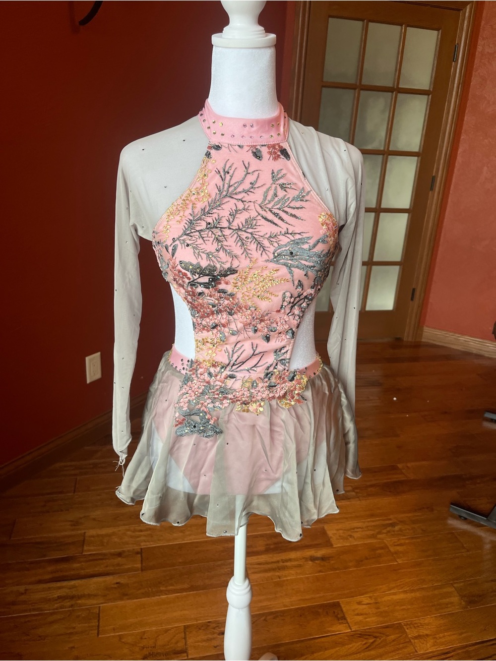 Embroidered Pink Halter Prom Dress with Sheer Sleeves